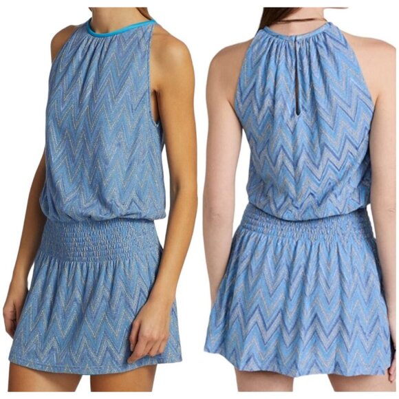 NWT Ramy Brook Blue Chevron Smocked Mini Dress Halterneck Size L - Picture 7 of 10
